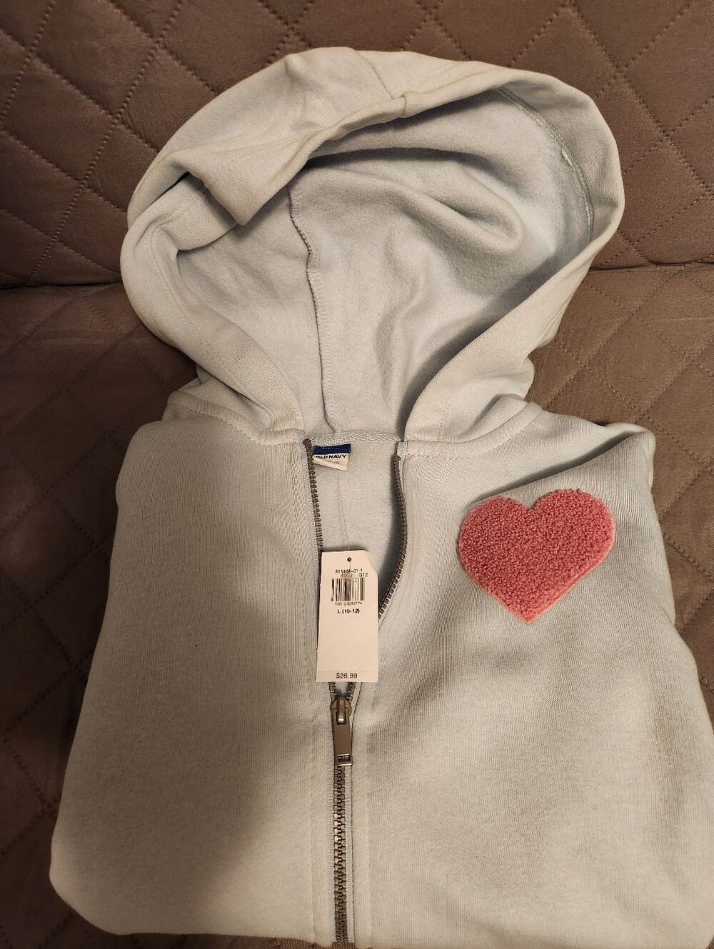 Old Navy Girls 10-12 Pink Heart Patch Blue Zippered Sweatshirt NWT